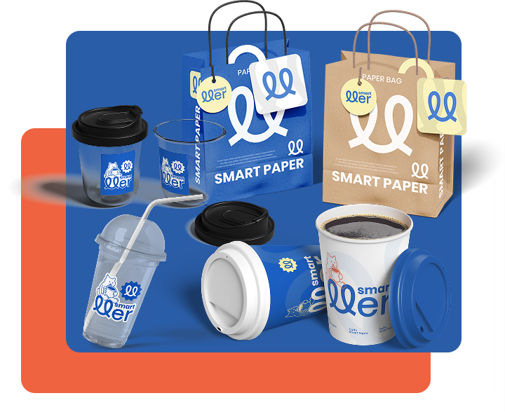 Packaging products including a cup, box, and donuts